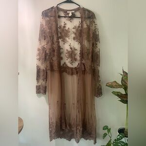 Elegant Brown Sheer Lace Kimono/Cardigan